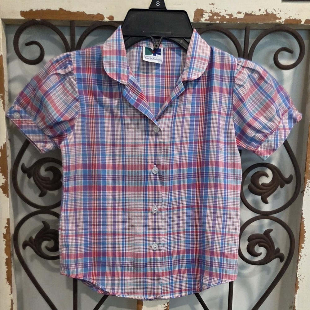 Vtg Diane von Furstenberg Girls Pink Blue Plaid Button Front Cap Sleeve Fits 3T